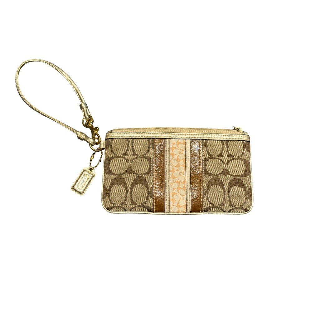 Coach Signature Canvas Wristlet Gold Trim Khaki Brown Monogram Pouch Bag